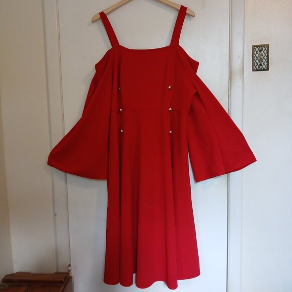 Red Cold Shoulder Bell Sleeve Dress  Front Button Interest Shein Curve 4XL - Picture 2 of 6